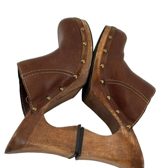 MIA Wooden Clogs Mules Y2K Brown Distressed Leather Womens US Size 7 Chunky Heel - Picture 3 of 14